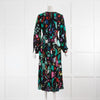 Rixo Black Multicoloured Print V Neck Side Slit Midi Silk Dress