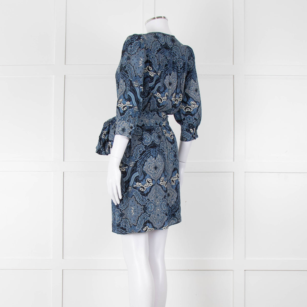 Berenice Navy Blue White Paisley Print Short Sleeve Wrap Mini Dress