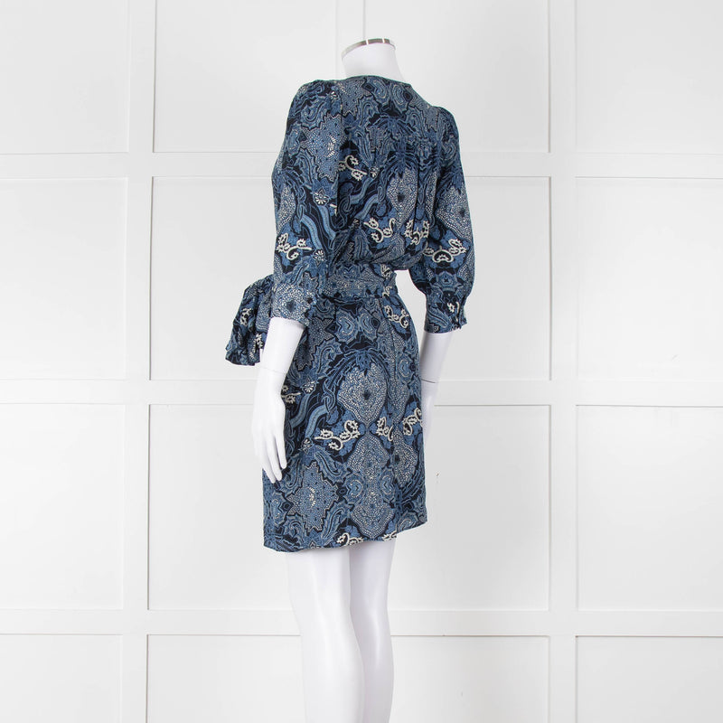 Berenice Navy Blue White Paisley Print Short Sleeve Wrap Mini Dress