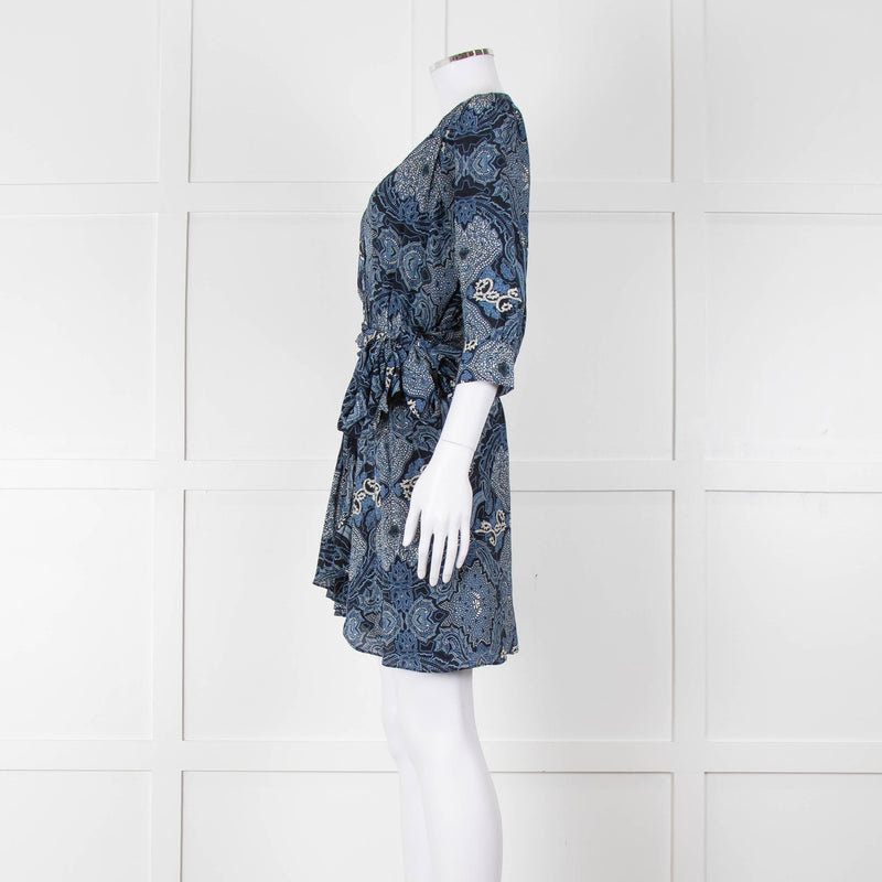 Berenice Navy Blue White Paisley Print Short Sleeve Wrap Mini Dress