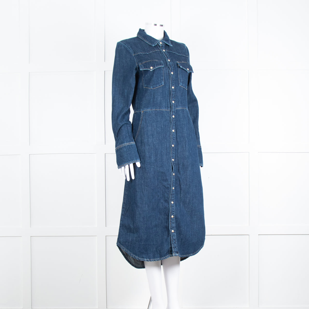 Wyse Dark Blue Denim Scallop Edge Detail Zip Front Dress