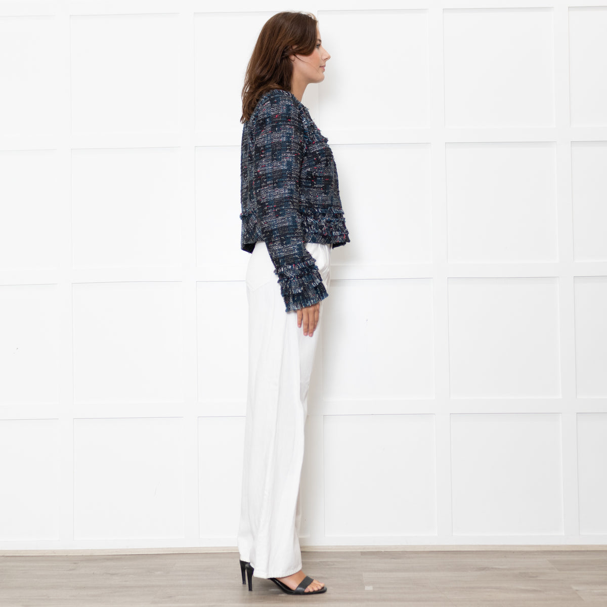 Diane Von Furstenberg Black Cream Blue Red Fleck Tweedy Jacket