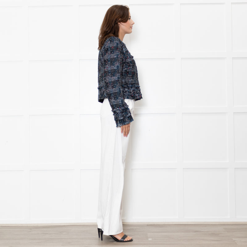 Diane Von Furstenberg Black Cream Blue Red Fleck Tweedy Jacket