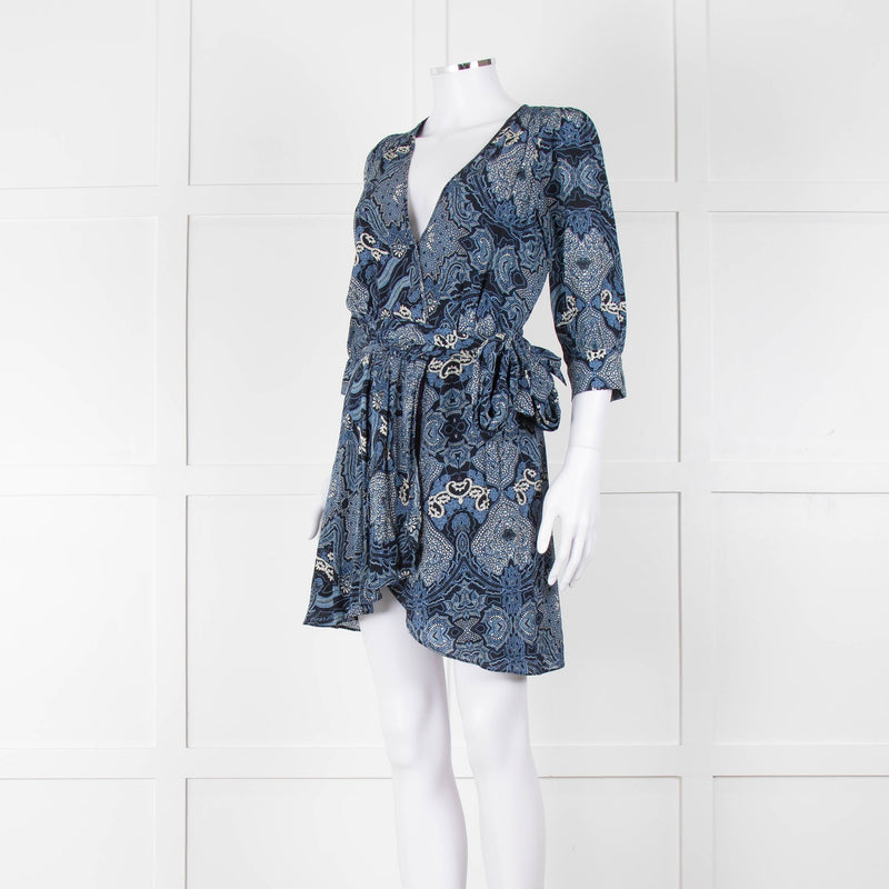 Berenice Navy Blue White Paisley Print Short Sleeve Wrap Mini Dress