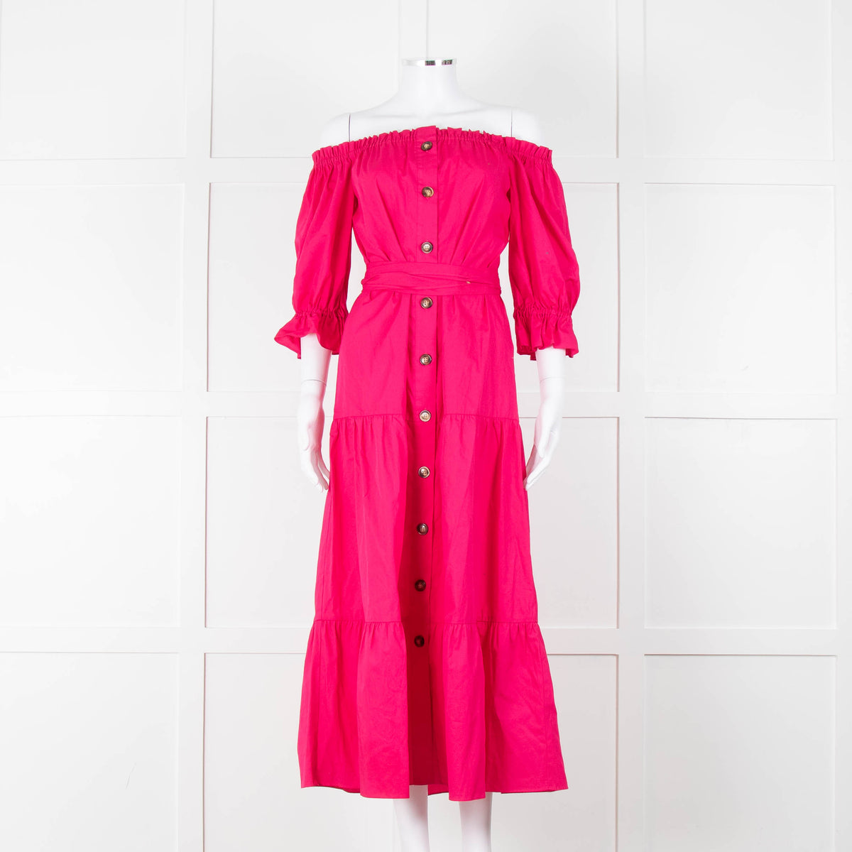 Kitri Hot Pink Cotton Tiered Midi Belted Dress