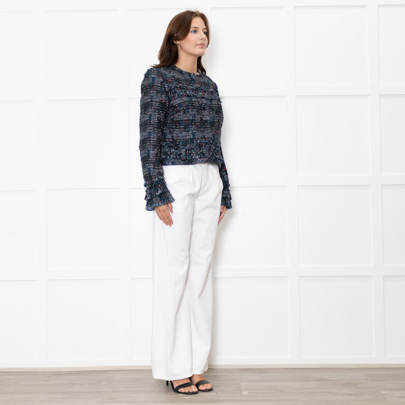 Diane Von Furstenberg Black Cream Blue Red Fleck Tweedy Jacket