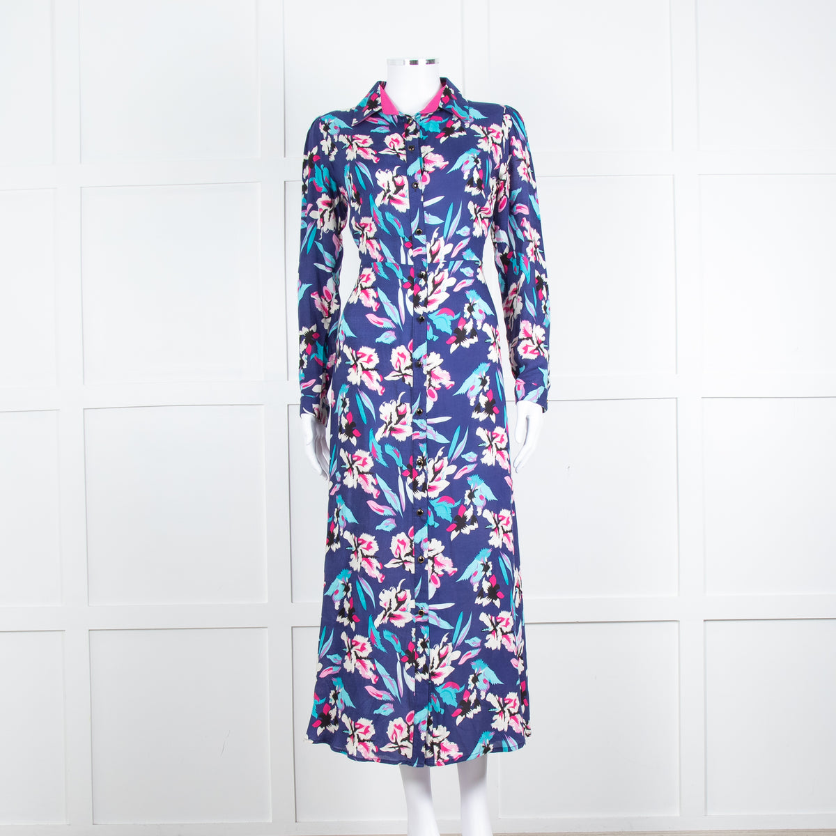 Libelula Navy Pink Floral Long Sleeve Midi Dress