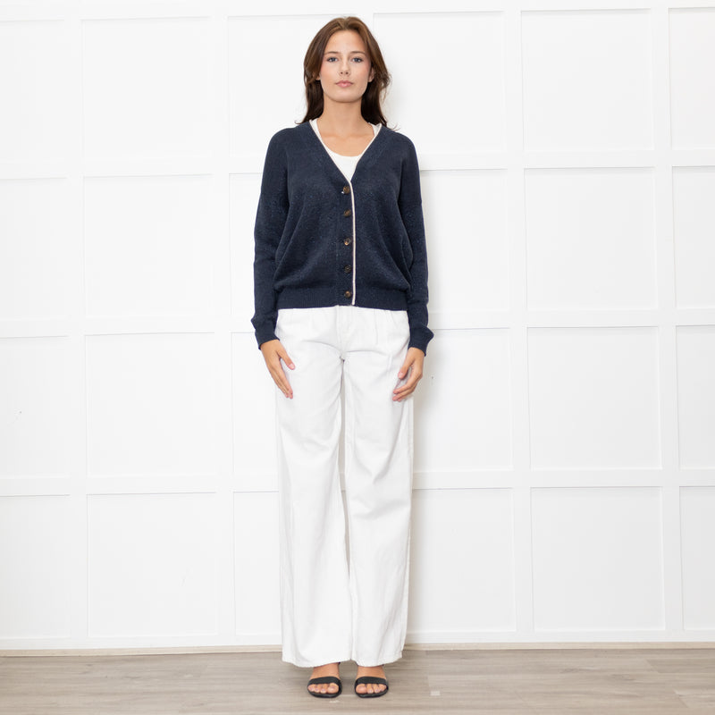 Brunello Cucinelli Blue Shimmer Cream Trim Cotton Blend Cardigan