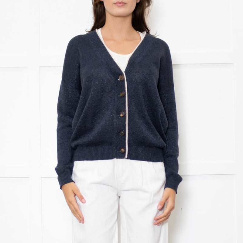 Brunello Cucinelli Blue Shimmer Cream Trim Cotton Blend Cardigan