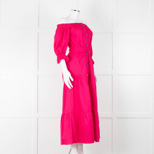 Kitri Hot Pink Cotton Tiered Midi Belted Dress