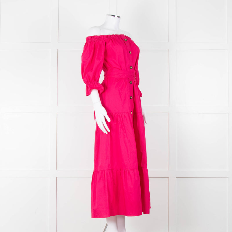 Kitri Hot Pink Cotton Tiered Midi Belted Dress