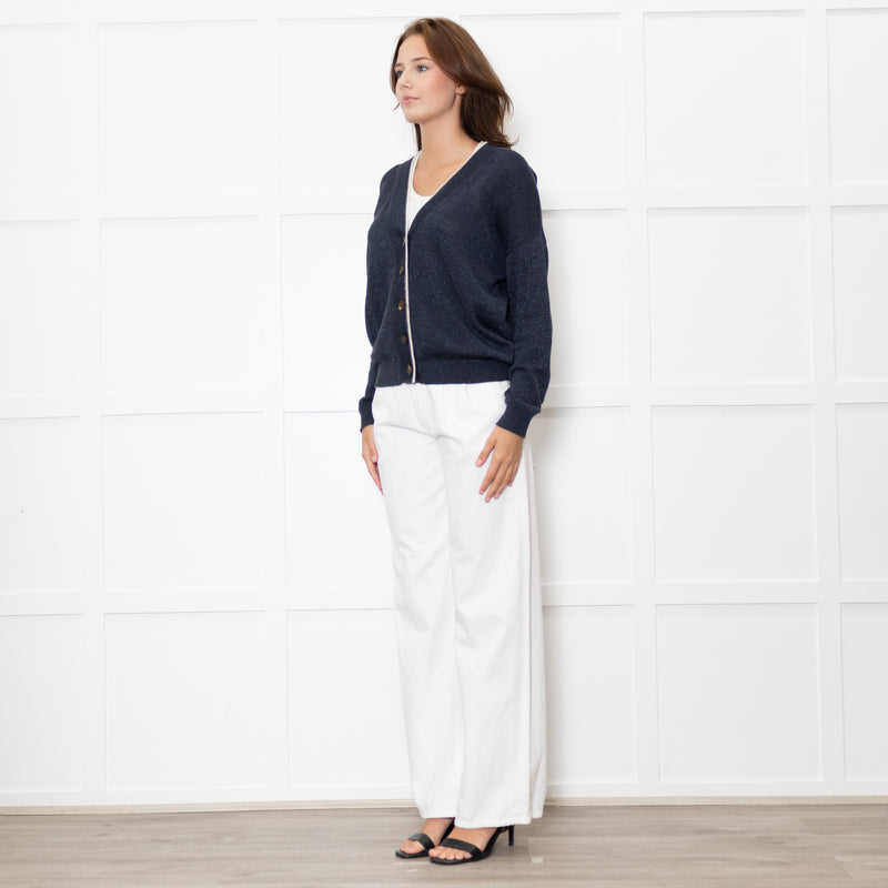 Brunello Cucinelli Blue Shimmer Cream Trim Cotton Blend Cardigan