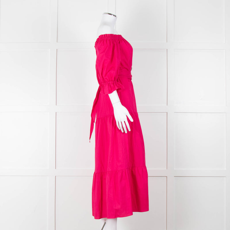 Kitri Hot Pink Cotton Tiered Midi Belted Dress
