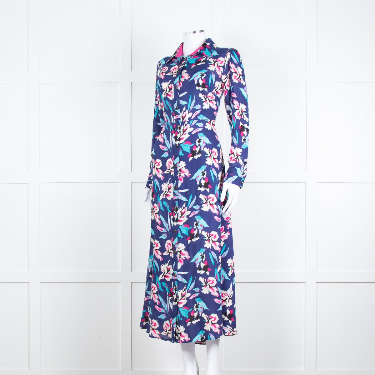 Libelula Navy Pink Floral Long Sleeve Midi Dress
