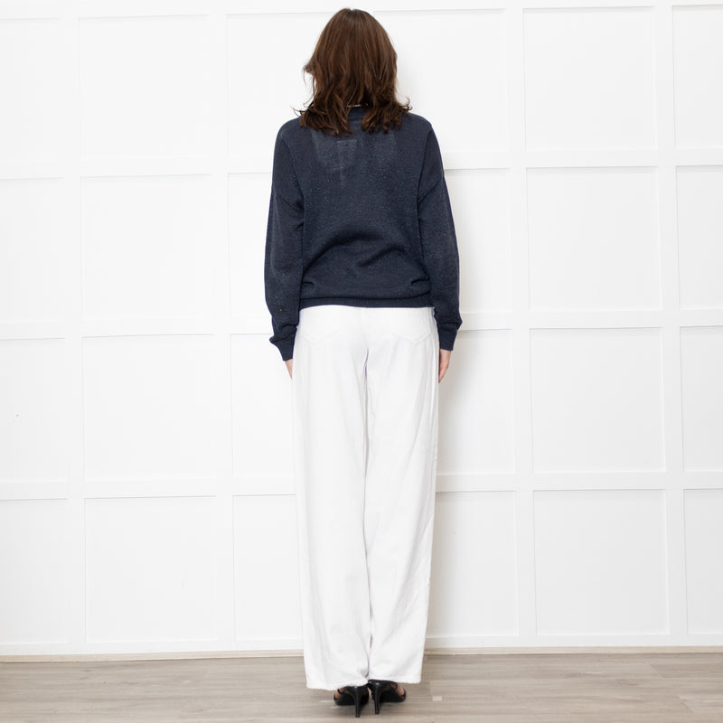 Brunello Cucinelli Blue Shimmer Cream Trim Cotton Blend Cardigan