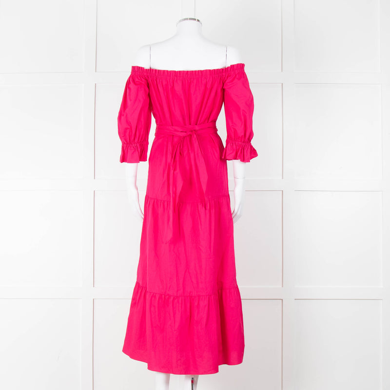 Kitri Hot Pink Cotton Tiered Midi Belted Dress
