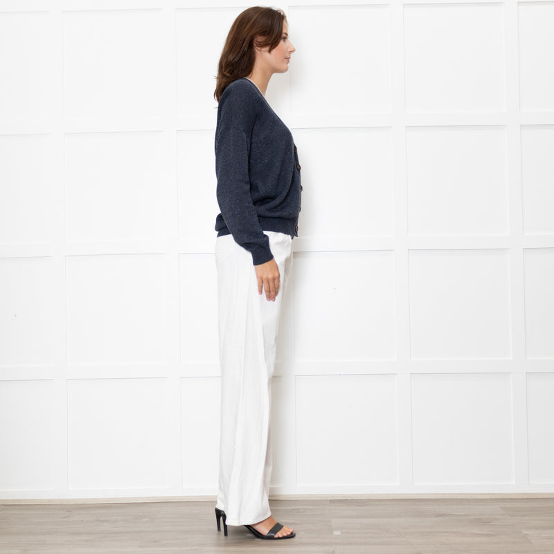Brunello Cucinelli Blue Shimmer Cream Trim Cotton Blend Cardigan
