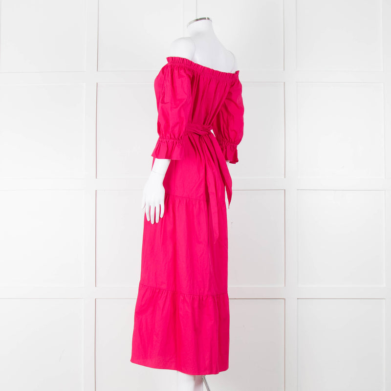 Kitri Hot Pink Cotton Tiered Midi Belted Dress