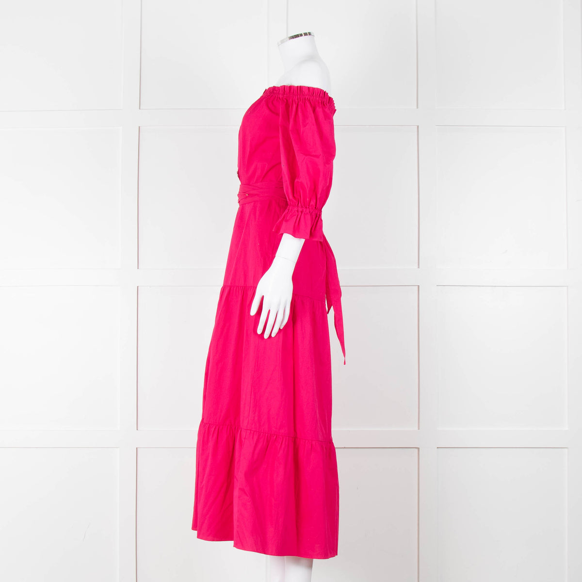 Kitri Hot Pink Cotton Tiered Midi Belted Dress