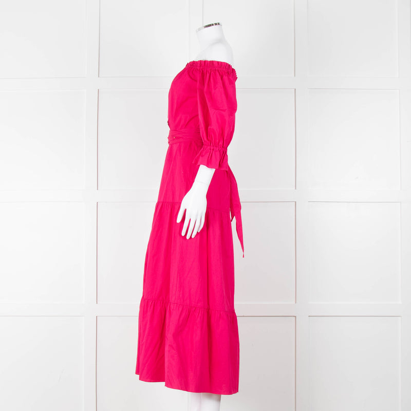 Kitri Hot Pink Cotton Tiered Midi Belted Dress