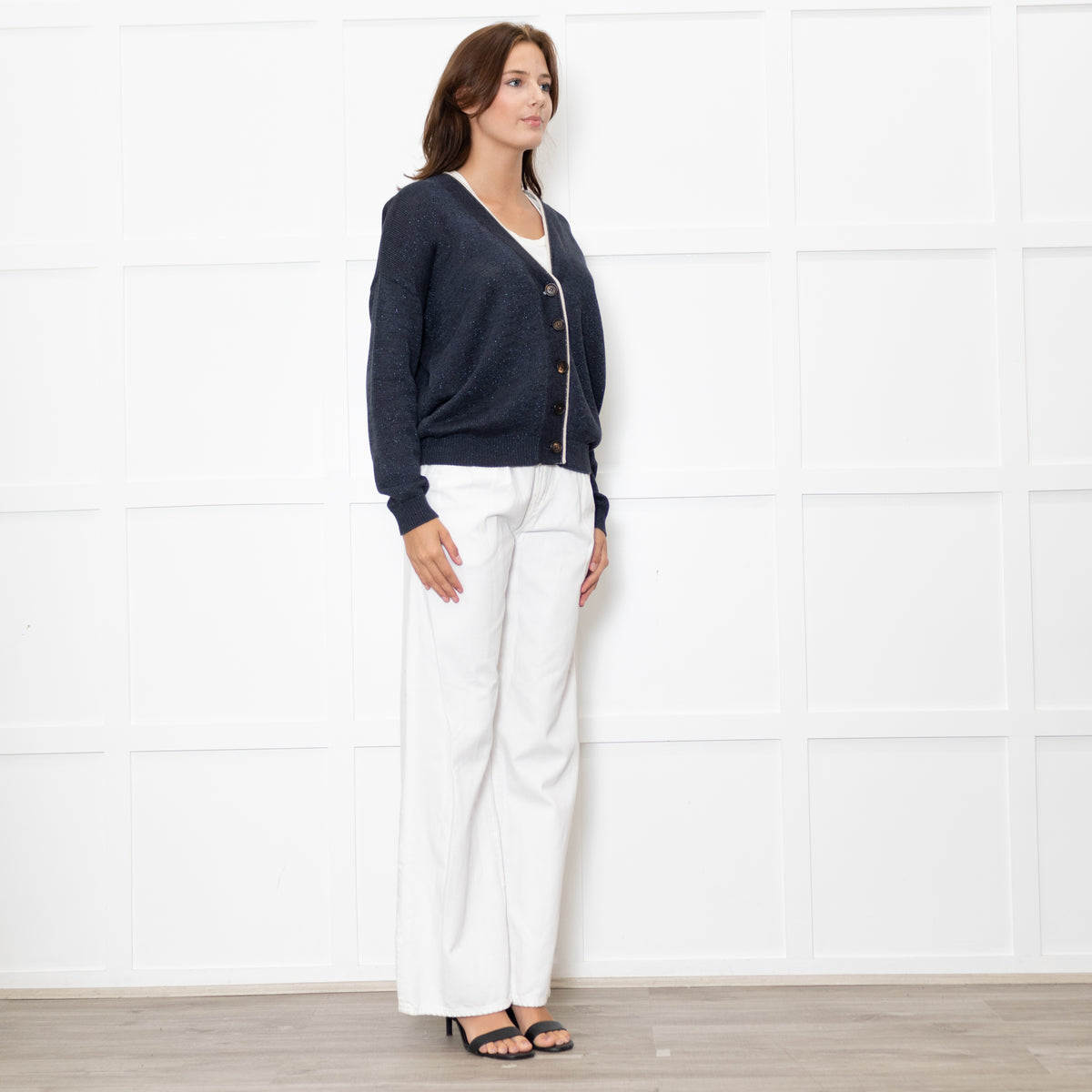 Brunello Cucinelli Blue Shimmer Cream Trim Cotton Blend Cardigan