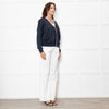 Brunello Cucinelli Blue Shimmer Cream Trim Cotton Blend Cardigan