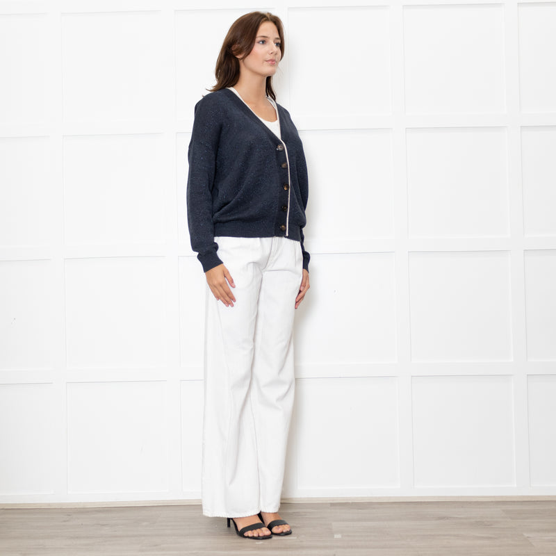 Brunello Cucinelli Blue Shimmer Cream Trim Cotton Blend Cardigan