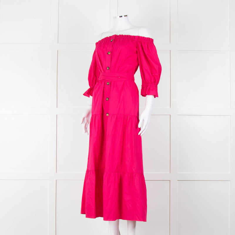 Kitri Hot Pink Cotton Tiered Midi Belted Dress