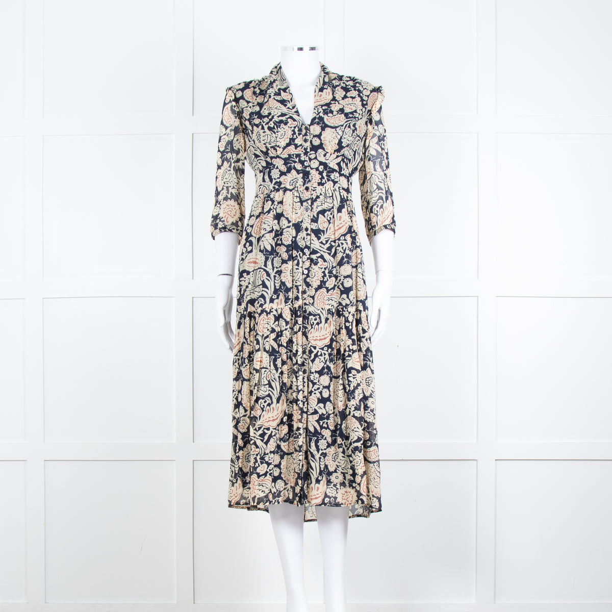 Ba & Sh Navy Blue Beige Short Sleeve Midi Dress