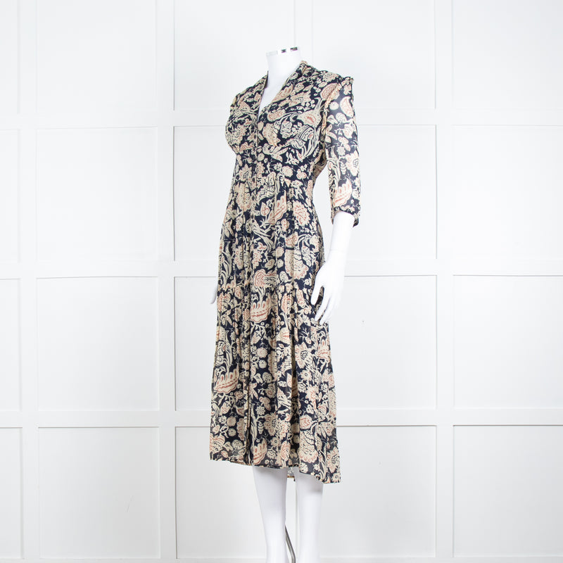 Ba & Sh Navy Blue Beige Short Sleeve Midi Dress