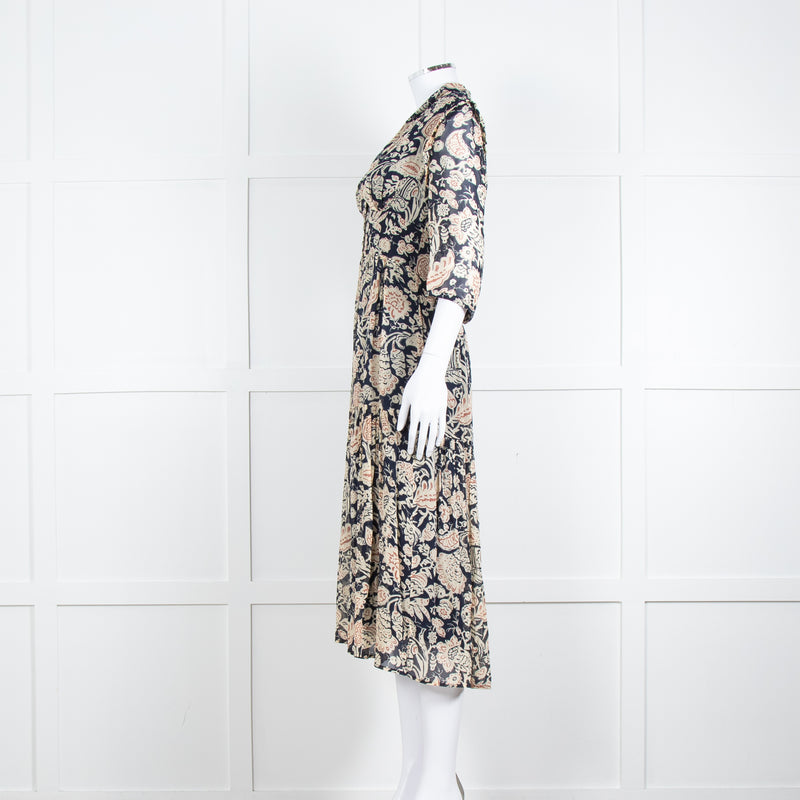Ba & Sh Navy Blue Beige Short Sleeve Midi Dress