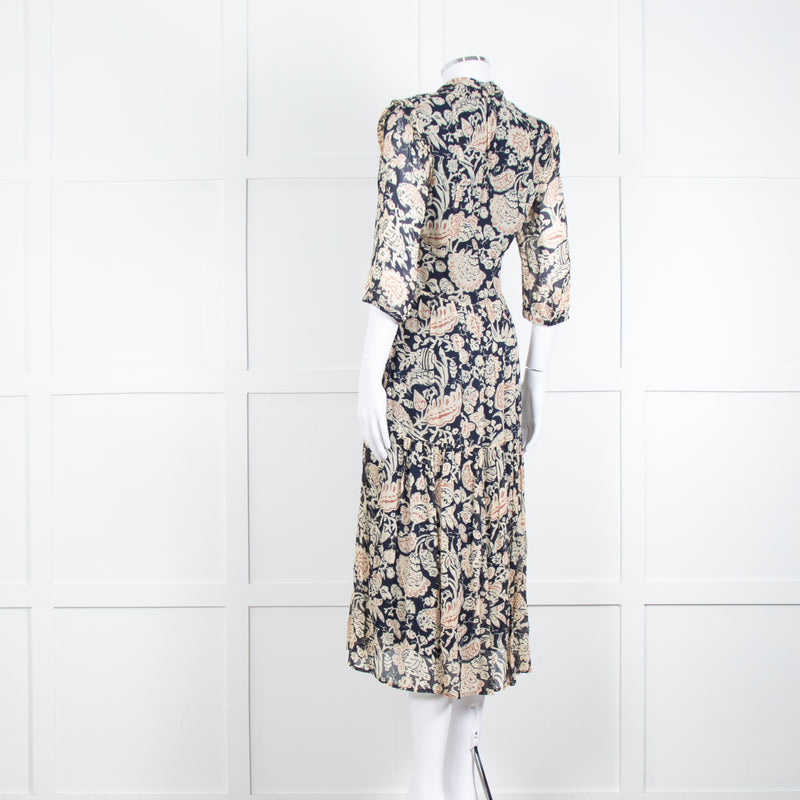 Ba & Sh Navy Blue Beige Short Sleeve Midi Dress