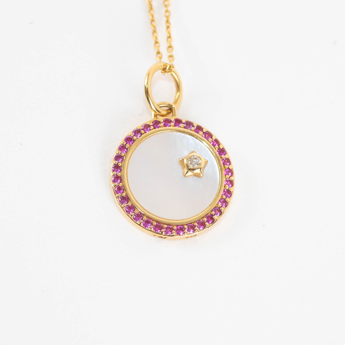 Monica Rich Kosann 18ct Yellow Gold Pink Sapphire, Mother of Pearl Venus Charm Necklace