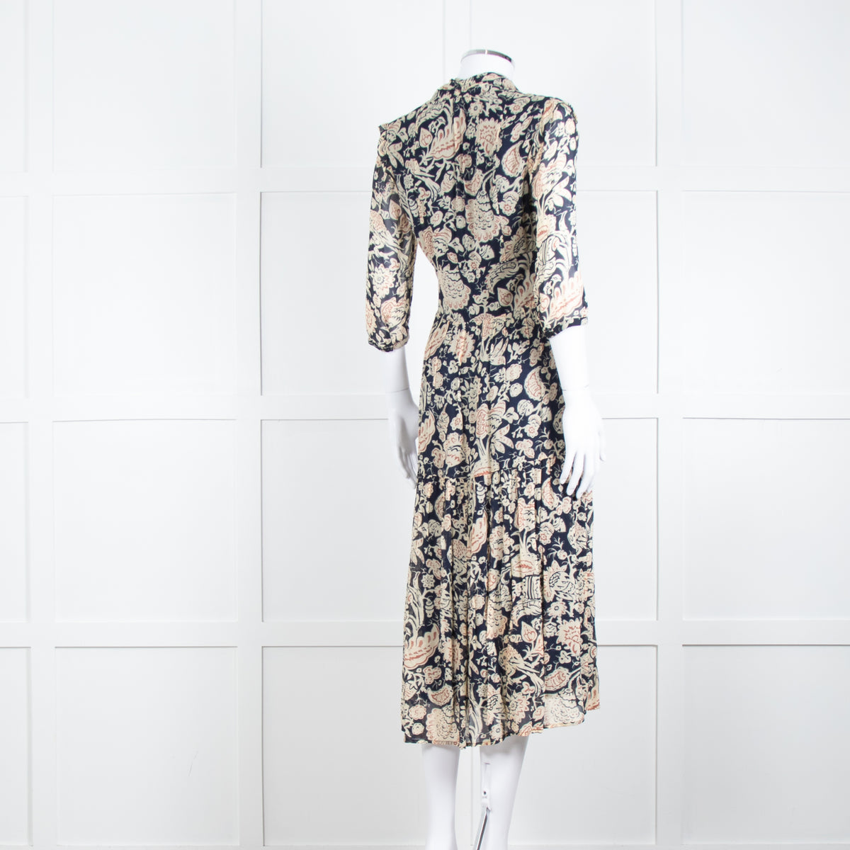 Ba & Sh Navy Blue Beige Short Sleeve Midi Dress