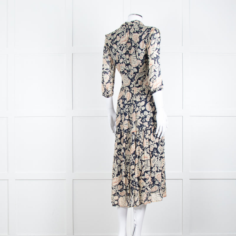 Ba & Sh Navy Blue Beige Short Sleeve Midi Dress