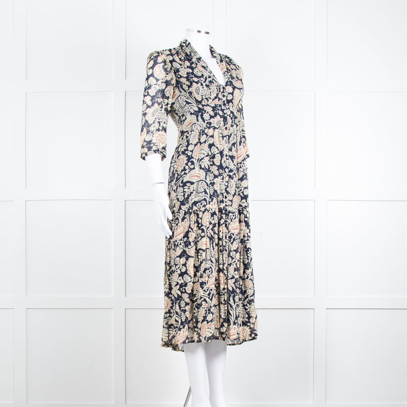 Ba & Sh Navy Blue Beige Short Sleeve Midi Dress