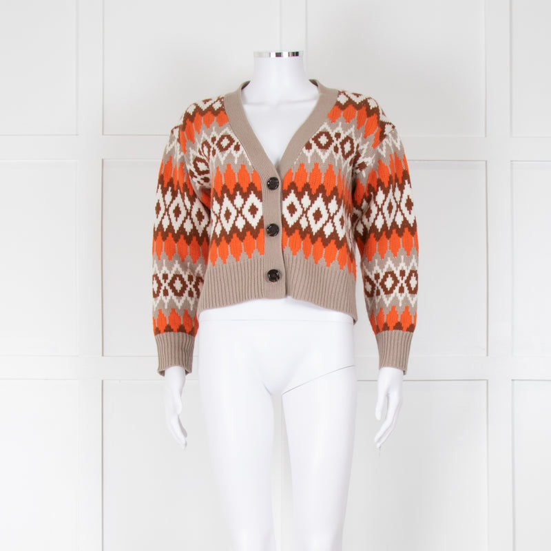 Allude Beige Orange Intarsia-Knit Cashmere Blend Cropped Cardigan