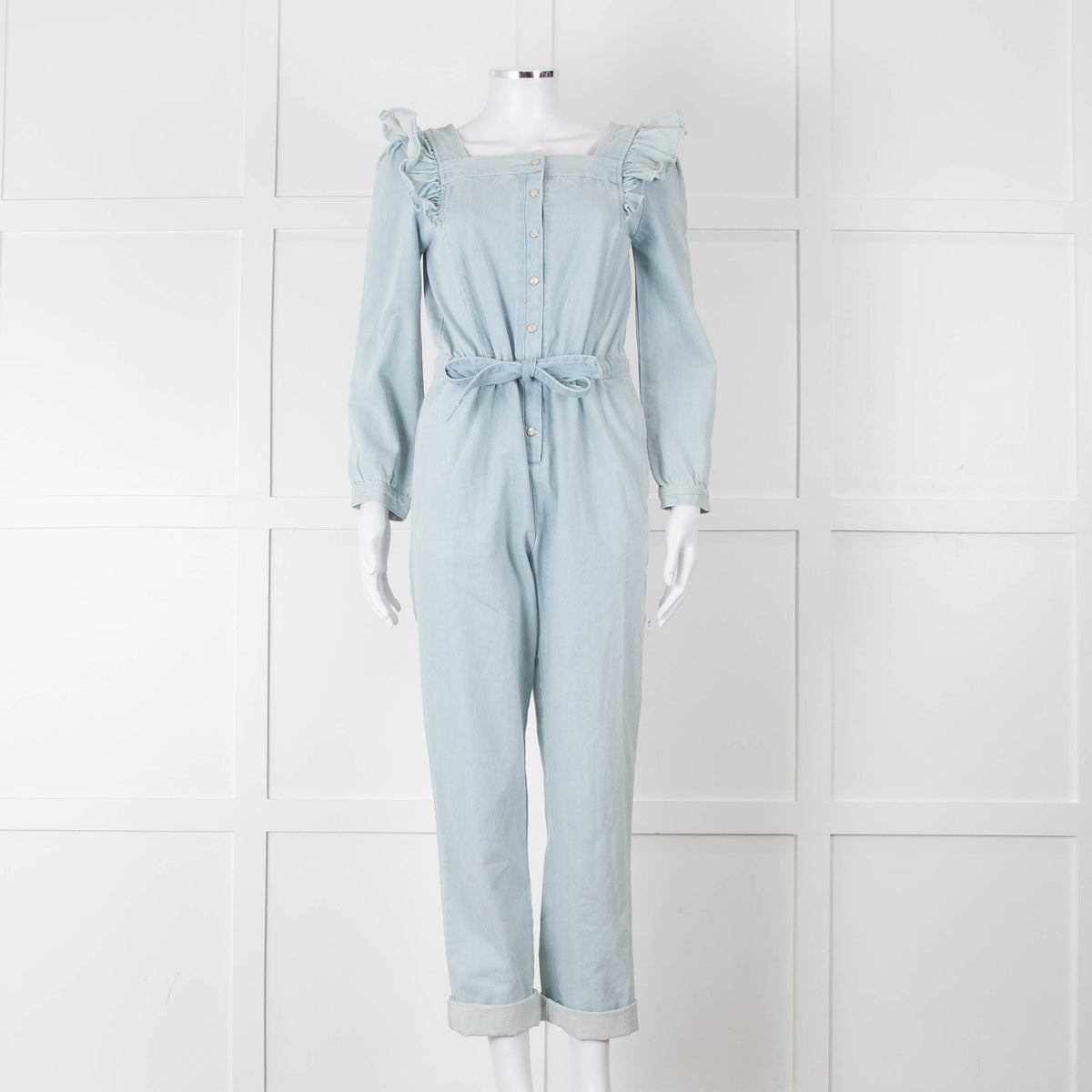 Iris Pale Blue Denim Frill Detail Jumpsuit