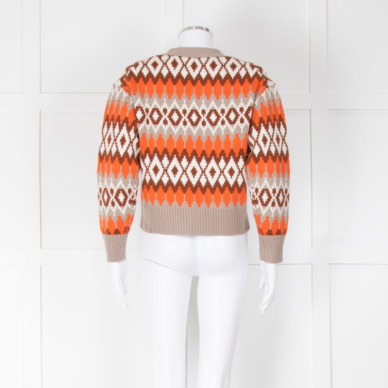 Allude Beige Orange Intarsia-Knit Cashmere Blend Cropped Cardigan
