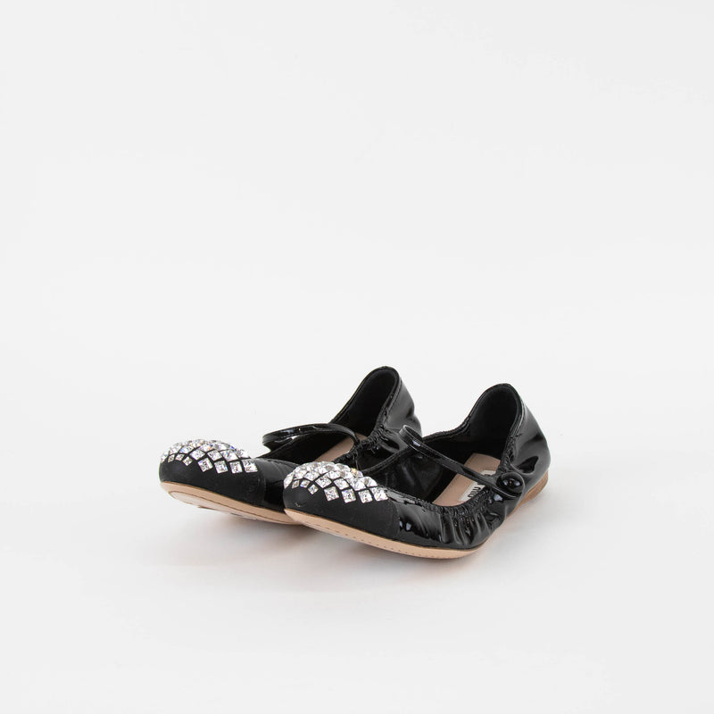 Miu Miu Black Patent Crystal Toe Flat Pumps