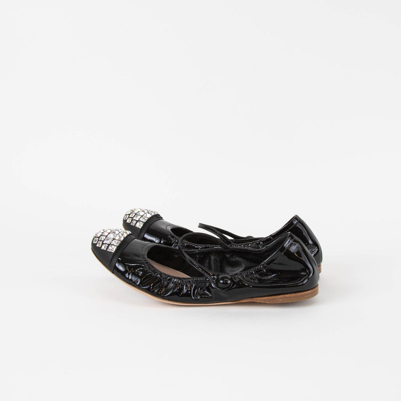 Miu Miu Black Patent Crystal Toe Flat Pumps