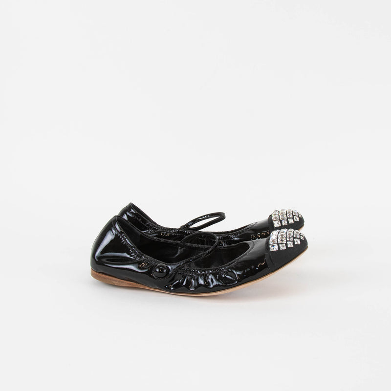 Miu Miu Black Patent Crystal Toe Flat Pumps