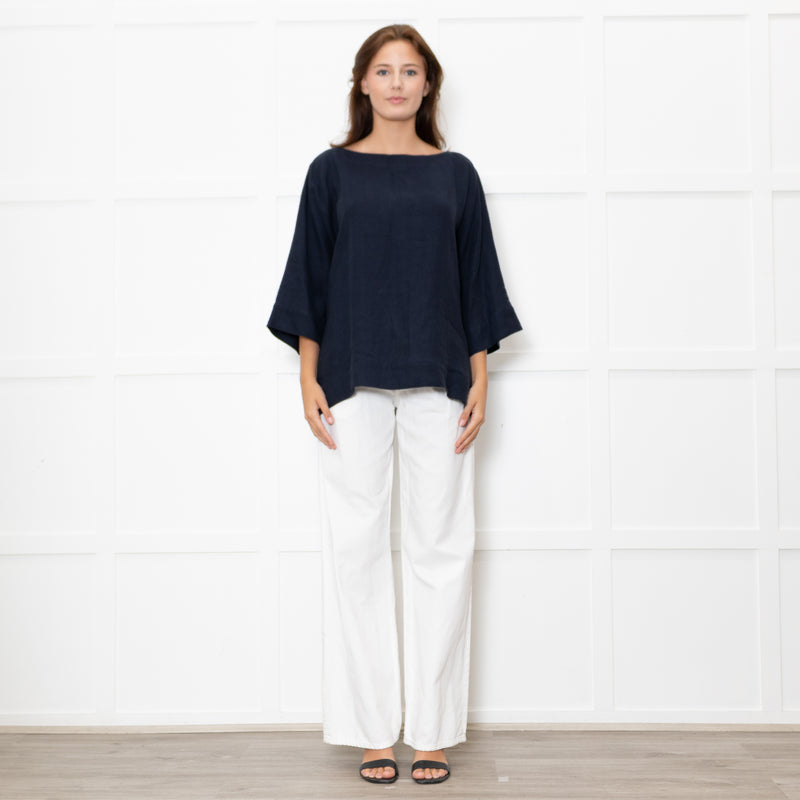 Eskandar Navy Linen Tunic Top