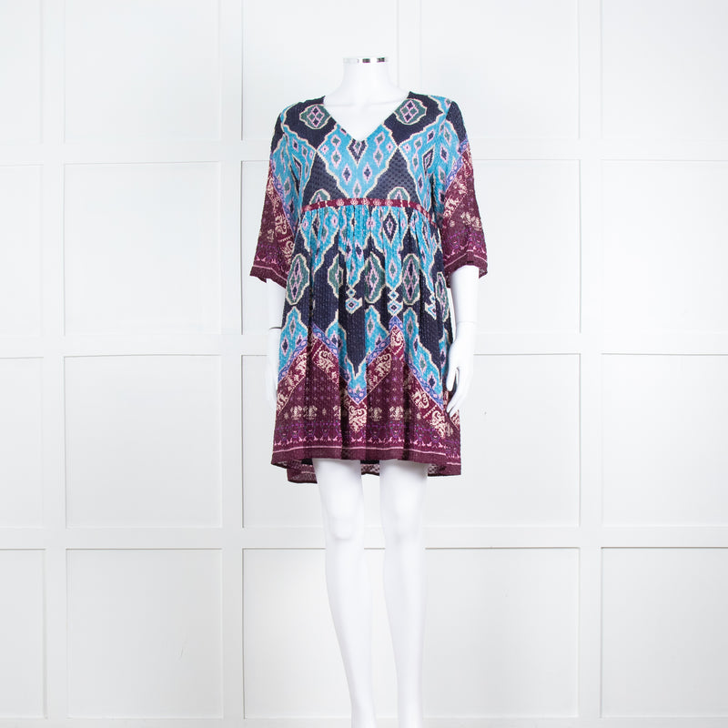 Ba&sh Navy Burgundy Print Textured Fabric Mini Dress