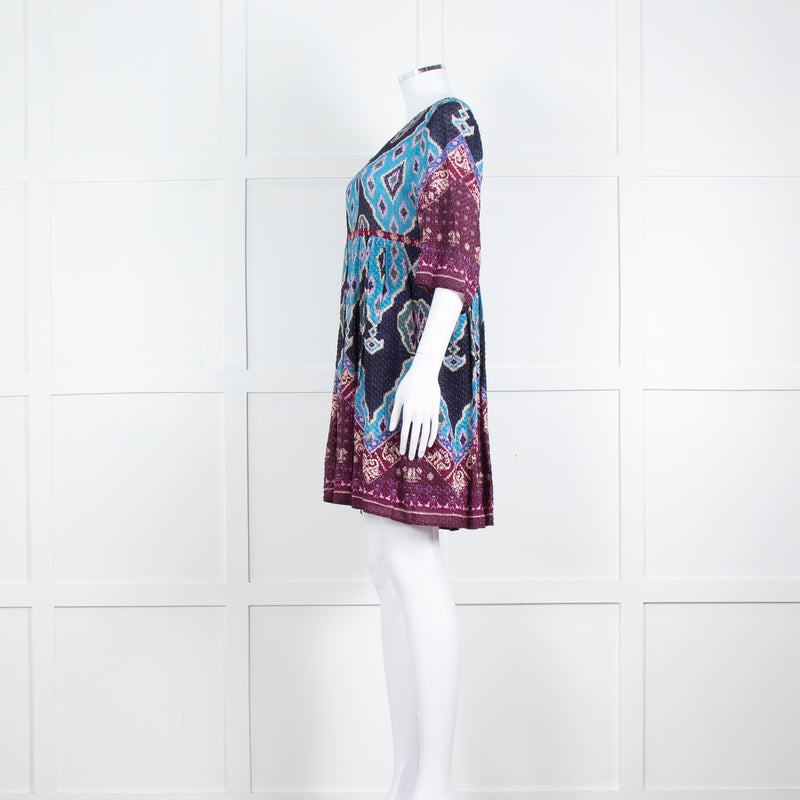 Ba&sh Navy Burgundy Print Textured Fabric Mini Dress