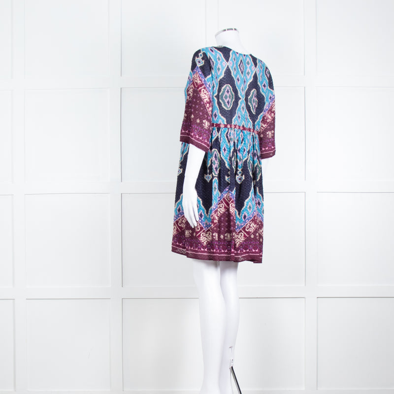 Ba&sh Navy Burgundy Print Textured Fabric Mini Dress