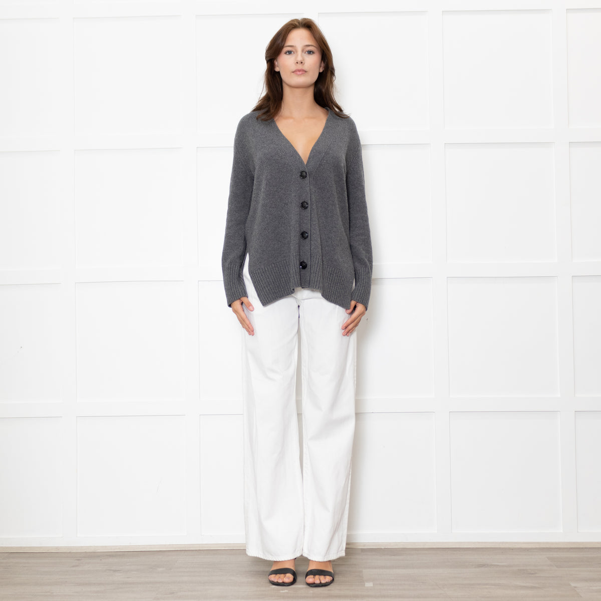 Amina Rubinacci Grey Cashmere V Front Cardigan