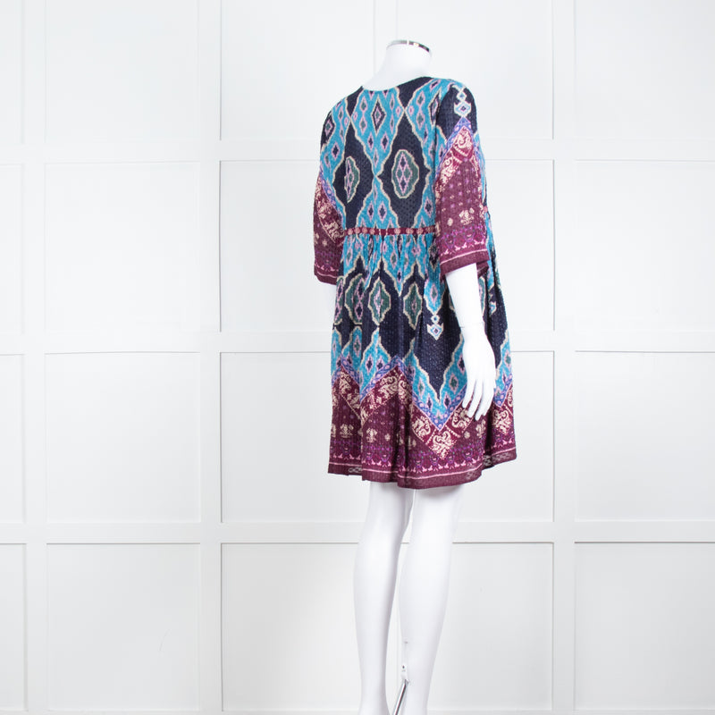 Ba&sh Navy Burgundy Print Textured Fabric Mini Dress