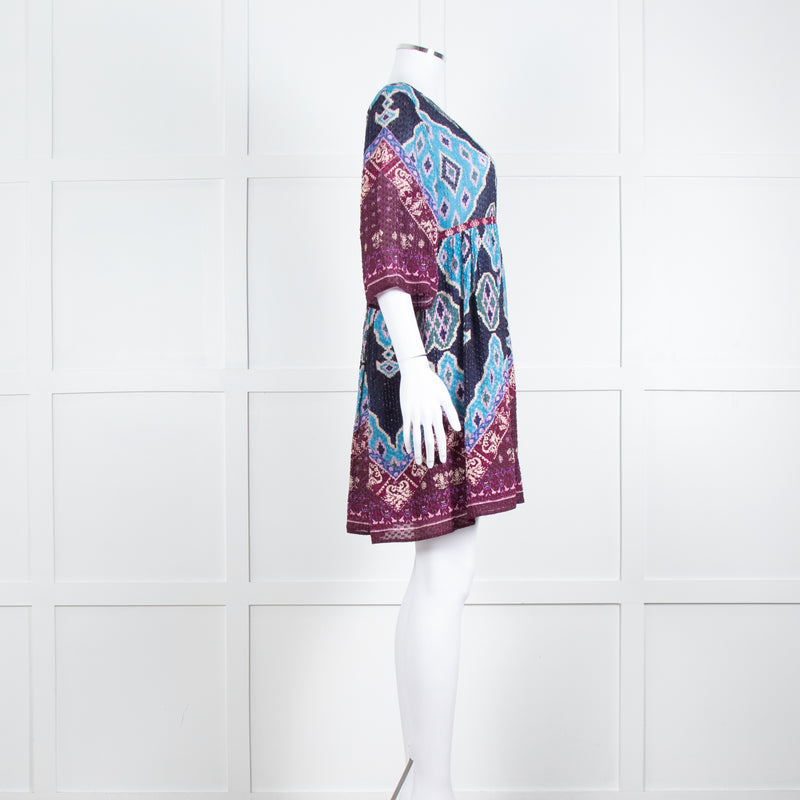 Ba&sh Navy Burgundy Print Textured Fabric Mini Dress