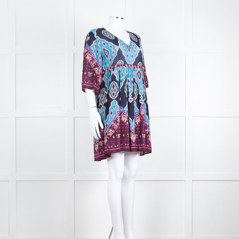 Ba&sh Navy Burgundy Print Textured Fabric Mini Dress